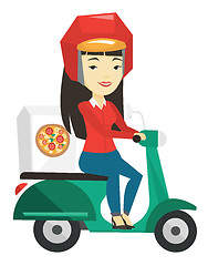 Image showing Woman delivering pizza on scooter.