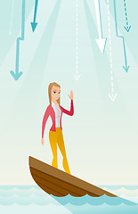 Image showing Business woman standing in sinking boat.