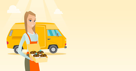 Image showing Baker delivering cakes vector illustration.