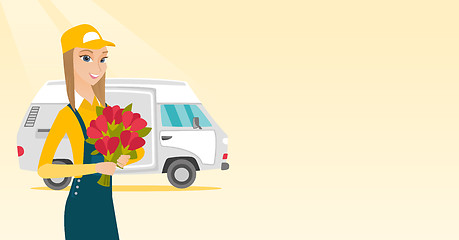 Image showing Delivery courier holding bouquet of flowers.