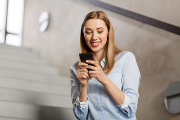 Image showing woman or student with smartphone at office stairs