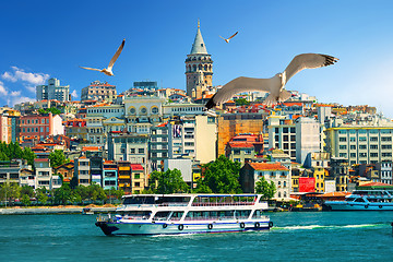 Image showing Galata Tower and boats