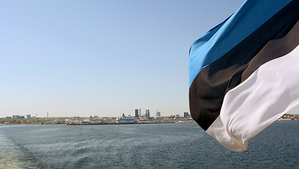 Image showing Estonian flag flies from a ferry crossing the Gulf of Finland