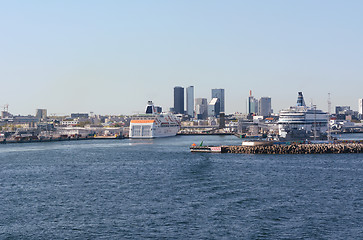 Image showing Ferries docked in the Port of Tallinn, cityscape beyond