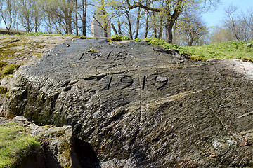 Image showing War memorial carved into rock on Suomenlinna island