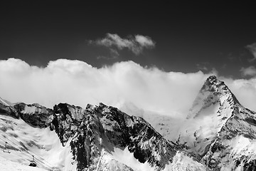 Image showing Black and white view on ski resort at snow winter