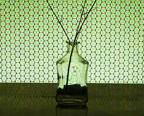 Image showing bottle obottle of glass and a twig on the background