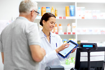 Image showing apothecary and customer with tablet pc at pharmacy