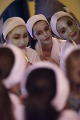 Image showing women putting face masks in the bathroom