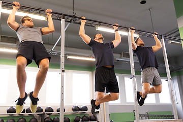 Image showing group of young men doing pull-ups in gym