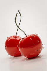 Image showing two red cherries with water drops