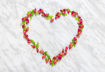 Image showing Heart made of rose buds and green leaves