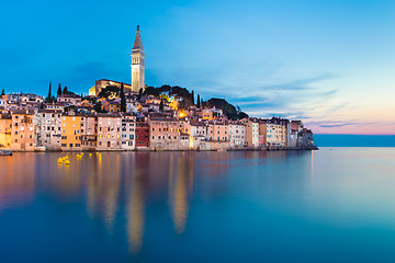 Image showing Colorful sunset of Rovinj town, Croatian fishing port on the west coast of the Istrian peninsula.