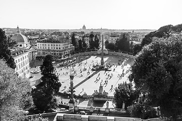 Image showing Aerial view of people, sculptures, fountain and churches on Piazza del Popolo in Rome, Italy.