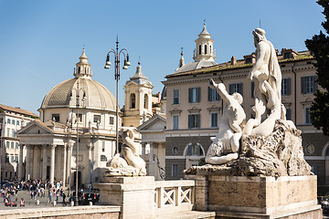 Image showing Sculptures and churches on Piazza del Popolo in Rome, Italy.