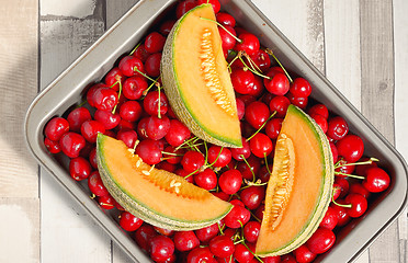 Image showing Honeydew melon and cherry fruits