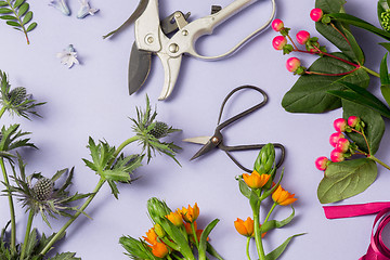 Image showing Tools and accessories florists need for making up a bouquet