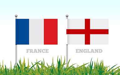 Image showing Flags of France and England against the backdrop of grass football stadium. Vector