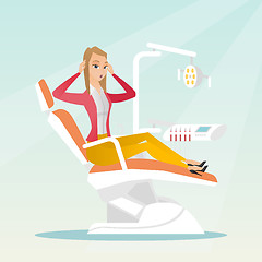 Image showing Afraid woman sitting in the dental chair.