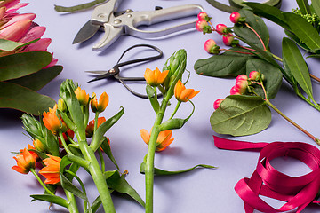 Image showing Tools and accessories florists need for making up a bouquet