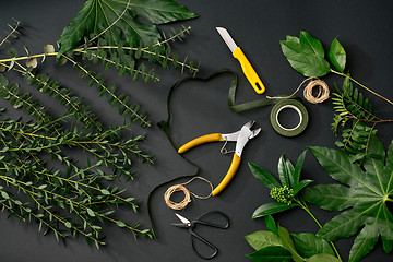 Image showing Tools and accessories florists need for making up a bouquet