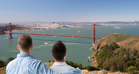 Image showing close up of gay couple over golden gate bridge