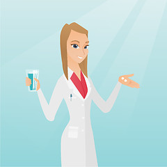 Image showing Pharmacist giving pills and a glass of water.