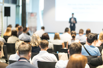 Image showing Business speaker giving a talk at business conference event.