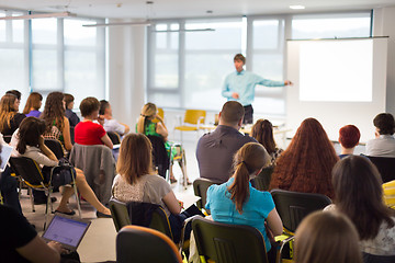 Image showing Speaker giving presentation on business conference.