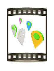 Image showing Realistic 3d pointer of map. 3d illustration. The film strip.