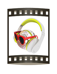 Image showing Metal Golf Ball With Sunglasses and headphones. 3d illustration.