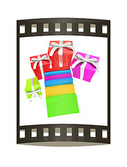 Image showing Gifts and books. 3d illustration. The film strip.