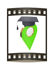 Image showing Geo pin with graduation hat on white. School sign, geolocation a