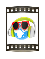 Image showing Earth planet with earphones and sunglasses. 3d illustration. The