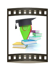 Image showing Pointer of education in graduation hat with books around. 3d ill