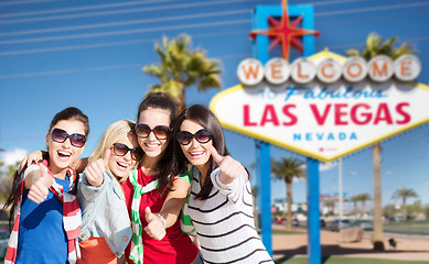 Image showing group of happy women or friends at las vegas