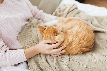 Image showing close up of owner with red cat in bed at home