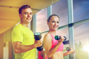 Image showing smiling man and woman with dumbbells in gym