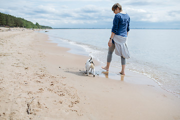 Image showing Woman walking with her dog on the sandy beach. Rear view.