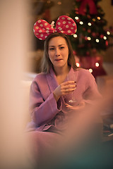 Image showing woman drinking champagne at spa