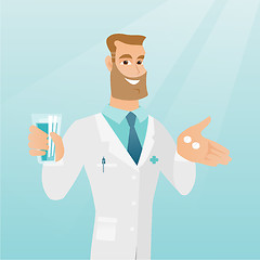 Image showing Pharmacist giving pills and a glass of water.