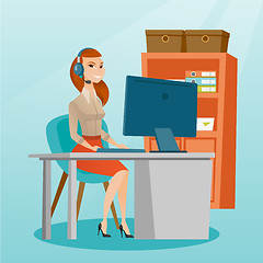 Image showing Business woman with headset working at office.