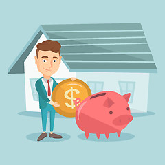 Image showing Man puts money into piggy bank for buying house.