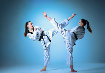 Image showing The studio shot of group of kids training karate martial arts