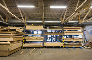 Image showing boards storing at woodworking factory warehouse