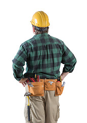 Image showing Male Contractor with Hard Hat and Tool Belt Looking Away Isolate