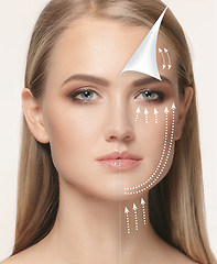 Image showing The young female face. Antiaging and thread lifting concept