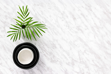 Image showing Ceramics and palm leaves on marble background