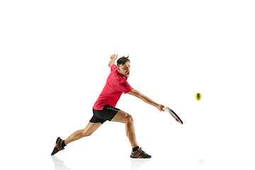 Image showing one caucasian man playing tennis player isolated on white background