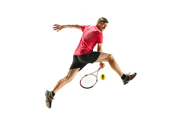 Image showing one caucasian man playing tennis player isolated on white background